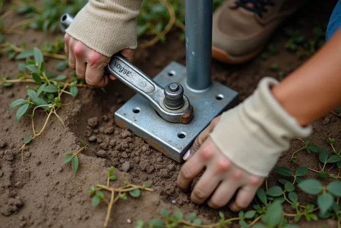 Gros plan sur des mains serrant un boulon d'ancrage galvanisé au sol sous une balançoire métallique