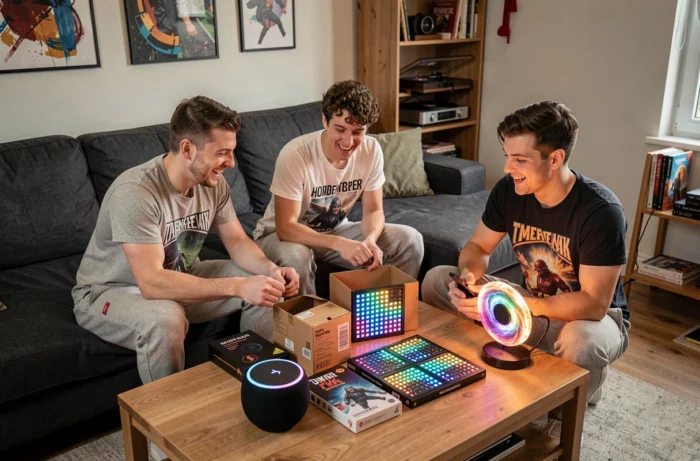 Groupe d'amis déballant des produits geek originaux dans un salon moderne et décontracté