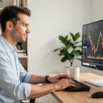 Un homme concentré analyse des graphiques boursiers sur un écran d'ordinateur dans un bureau à domicile moderne, illustrant les conseils pour débuter en bourse