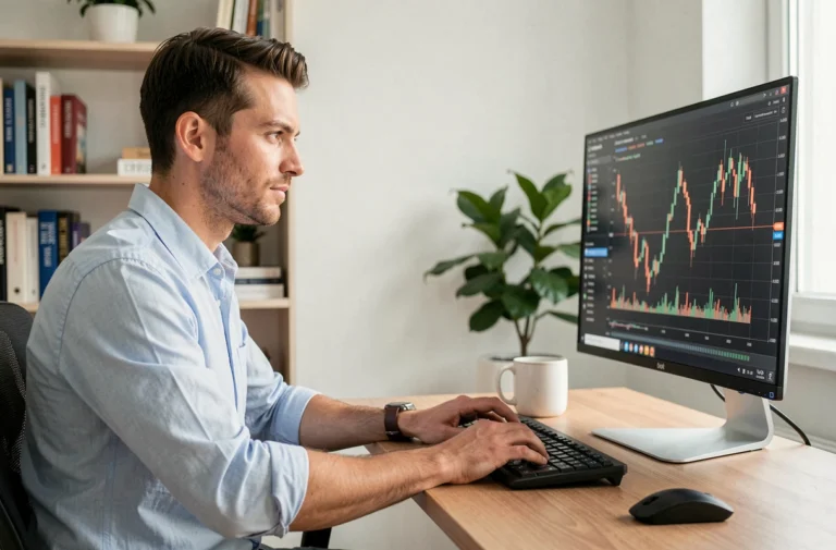 Un homme concentré analyse des graphiques boursiers sur un écran d'ordinateur dans un bureau à domicile moderne, illustrant les conseils pour débuter en bourse