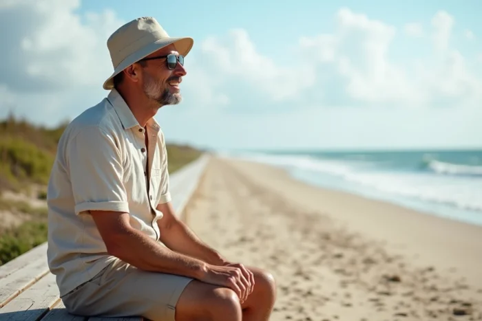Homme chauve avec un bob de protection solaire UPF assis au bord de la mer