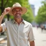 Homme chauve portant une casquette à large bord pour se protéger du soleil en ville