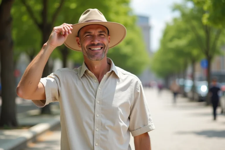 Homme chauve portant une casquette à large bord pour se protéger du soleil en ville