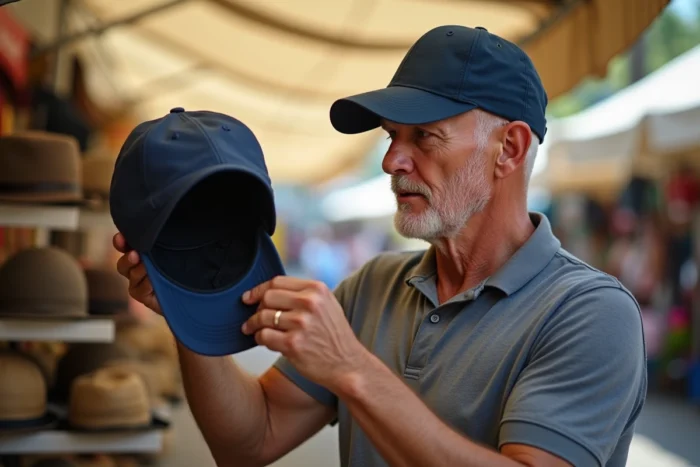 Homme chauve qui choisit une casquette adaptée sur un marché en plein air
