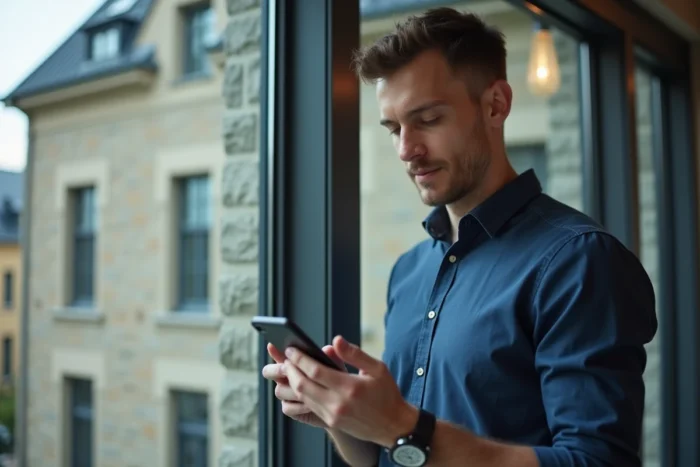 Homme configurant son adresse mail académique de Strasbourg sur iPhone devant un bâtiment universitaire alsacien