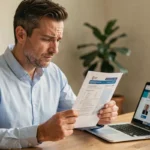 Homme francophone consultant une amende DGT espagnole à son bureau à domicile