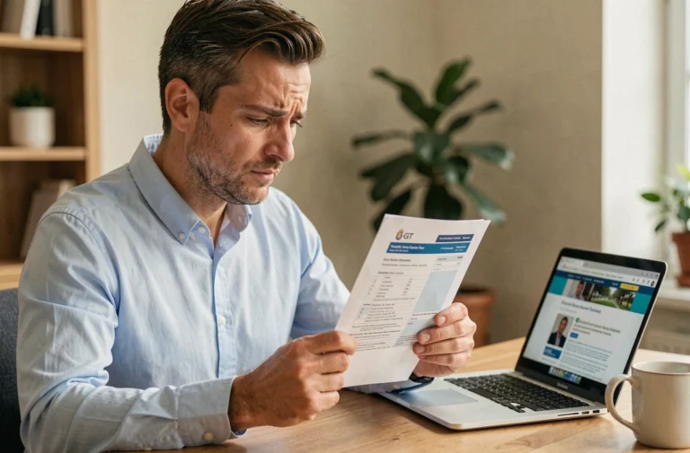Homme francophone consultant une amende DGT espagnole à son bureau à domicile