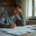 Homme stressé examinant des documents financiers et des dettes sur une table de cuisine avant de quitter la France