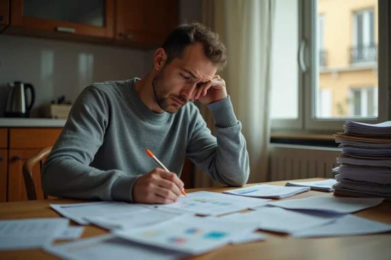 Homme stressé examinant des documents financiers et des dettes sur une table de cuisine avant de quitter la France