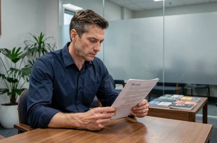 Homme lisant des documents juridiques dans une salle d'attente de notaire avant une consultation gratuite