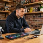 Homme geek à son bureau avec clavier mécanique, smartwatch et figurines de collection dans un home office cosy