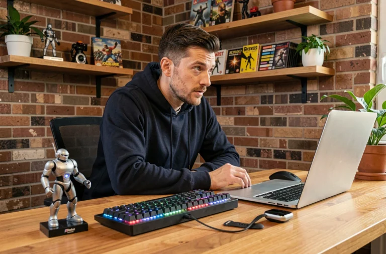 Homme geek à son bureau avec clavier mécanique, smartwatch et figurines de collection dans un home office cosy