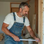Homme mesurant un panneau mural en bois lors de travaux de rénovation intérieure