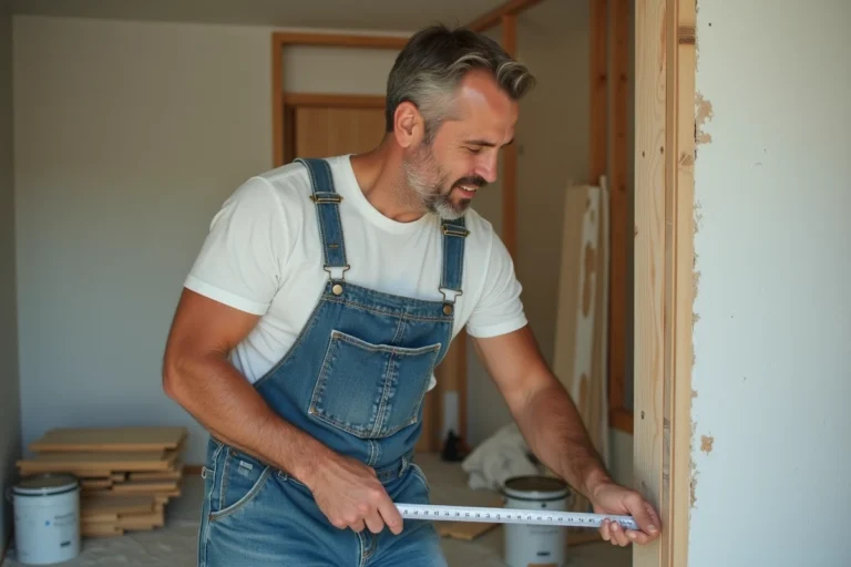 Homme mesurant un panneau mural en bois lors de travaux de rénovation intérieure