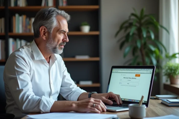 Homme utilisant un ordinateur portable pour effectuer une recherche sur un annuaire inversé en ligne