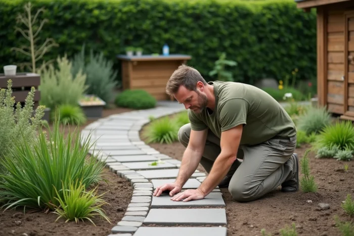 Homme posant des dalles en pierre naturelle le long d'une allée courbe dans un jardin verdoyant avec herbes ornementales