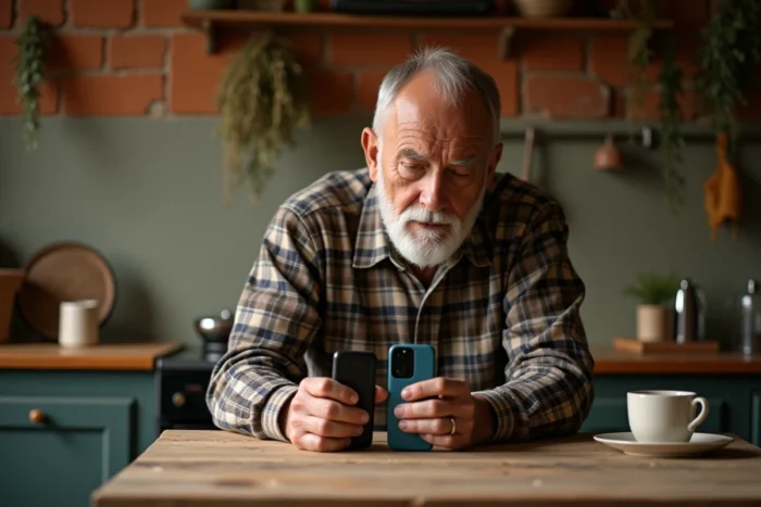 Homme senior comparant deux téléphones portables basiques sans internet sur une table de cuisine rustique