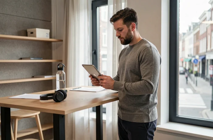 Homme professionnel travaillant debout dans un espace calme de coworking à Bruxelles avec tablette