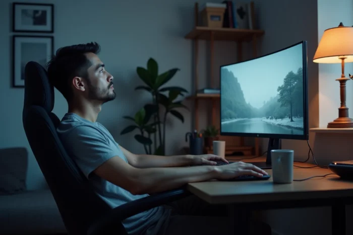 Homme regardant une série en streaming sur grand écran dans un bureau moderne à domicile