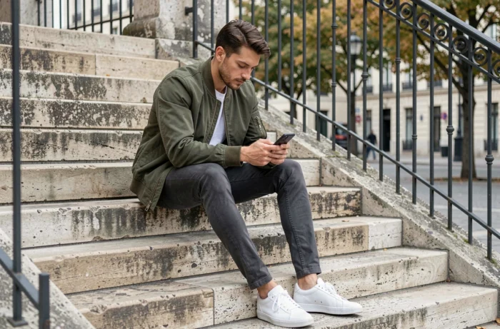 Homme stylé en veste bomber olive assis sur des marches en pierre dans un cadre urbain européen
