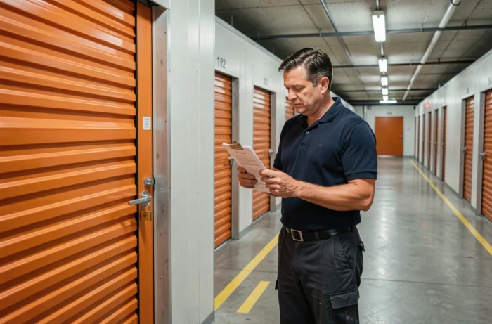 Homme vérifiant la liste de ses affaires devant son unité de stockage sécurisée dans un garde meuble à Pessac