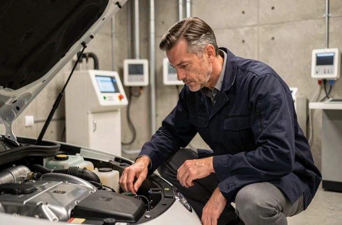 Ingénieur automobile examinant le moteur à pile à combustible hydrogène d'un véhicule concept dans un laboratoire de recherche moderne, innovation automobile 2024