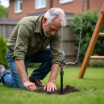 Homme installant un ancrage métallique au sol sous une balançoire en bois dans un jardin suburban