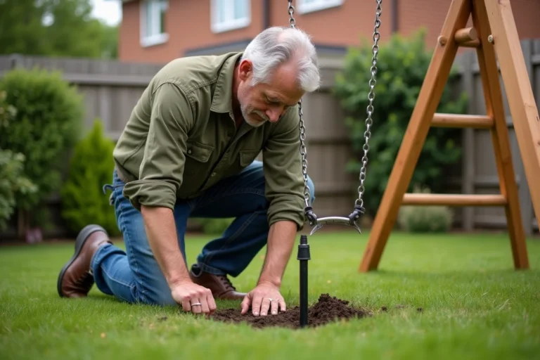 Homme installant un ancrage métallique au sol sous une balançoire en bois dans un jardin suburban