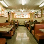 Intérieur rétro d'un fast-food français des années 1980 avec sièges en plastique orange et menu mural lumineux, évoquant les anciennes chaînes de restauration disparues