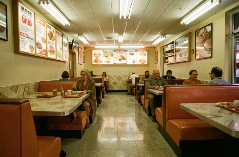 Intérieur rétro d'un fast-food français des années 1980 avec sièges en plastique orange et menu mural lumineux, évoquant les anciennes chaînes de restauration disparues