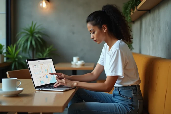 Jeune femme explorant le plan de navigation d'un site bien-être dans un café moderne