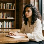 Jeune femme d'origine moyen-orientale assise dans un café urbain avec un carnet ouvert, expression pensive et cheveux bouclés foncés