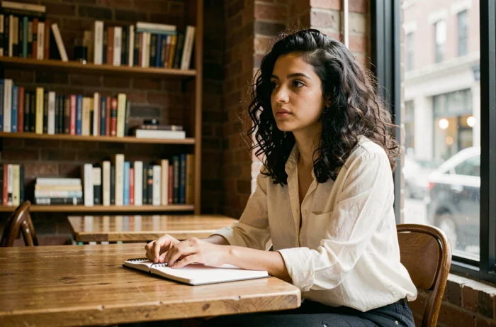 Jeune femme d'origine moyen-orientale assise dans un café urbain avec un carnet ouvert, expression pensive et cheveux bouclés foncés