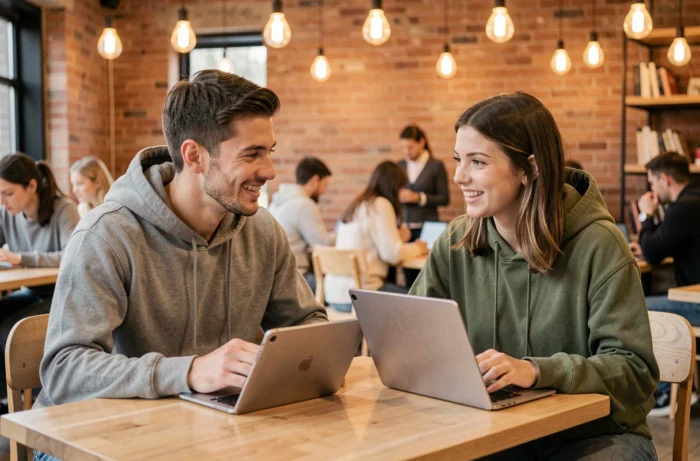 Deux jeunes professionnels discutant de tendances informatiques sur tablette et ordinateur portable dans un espace de coworking