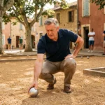 Joueur de pétanque licencié FFPJP en train de pointer sur un terrain en terre battue dans un village du sud de la France