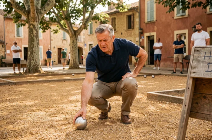 Joueur de pétanque licencié FFPJP en train de pointer sur un terrain en terre battue dans un village du sud de la France