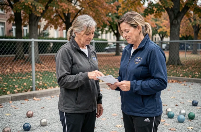 Deux joueuses de pétanque licenciées FFPJP consultant un carnet de score sur le terrain lors d'une partie officielle