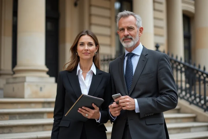 Deux journalistes en pause professionnelle devant un immeuble haussmannien à Paris