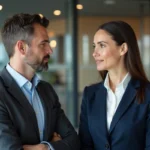 Un homme et une femme journalistes en discussion professionnelle dans une salle de rédaction française moderne