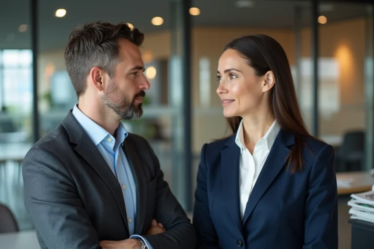 Un homme et une femme journalistes en discussion professionnelle dans une salle de rédaction française moderne