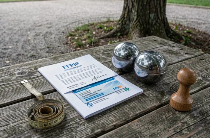 Carnet de licence FFPJP et boules de pétanque posés sur une table en bois près d'un terrain de jeu en gravier