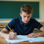 Lycéen révisant ses bulletins scolaires pour valider les critères de moyenne du bac pro commerce