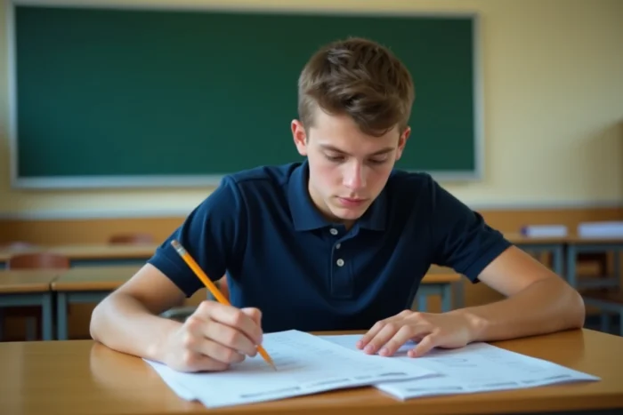 Lycéen révisant ses bulletins scolaires pour valider les critères de moyenne du bac pro commerce
