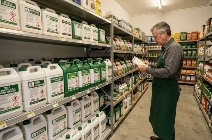 Rayons d'un magasin agricole espagnol avec des bidons de glyphosate de 5 litres en vente