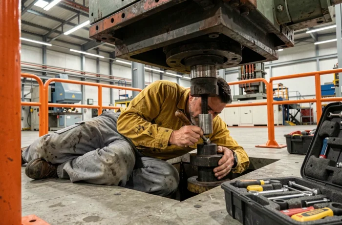 Technicien effectuant une maintenance rapide sous une presse hydraulique industrielle pendant un micro-arrêt planifié