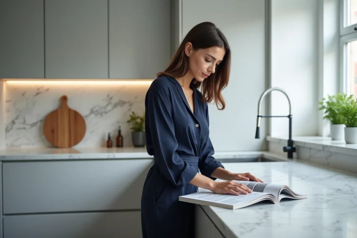 Maman moderne en tenue monochrome marine dans une cuisine minimaliste, inspirations mode du quotidien
