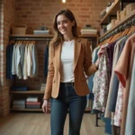 Maman trendy en blazer camel faisant du shopping dans une boutique parisienne élégante