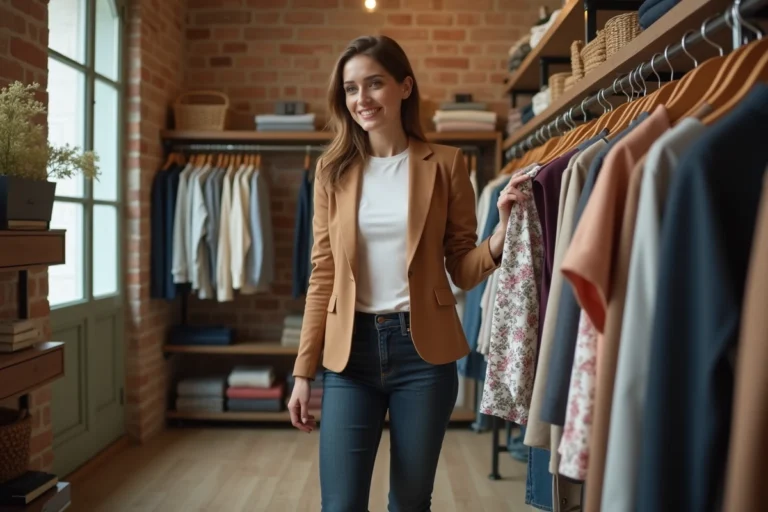 Maman trendy en blazer camel faisant du shopping dans une boutique parisienne élégante