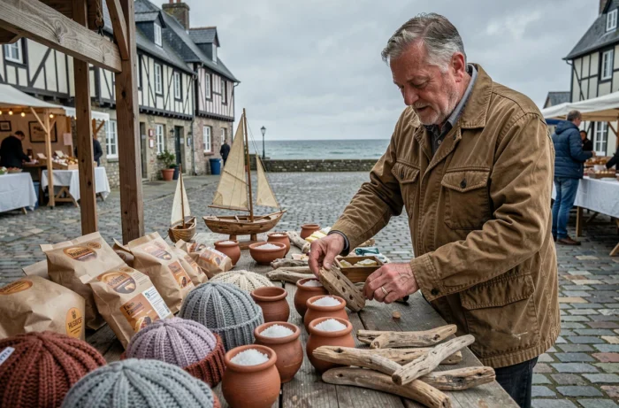 Marché artisanal breton avec produits locaux : caramels au beurre salé, fleur de sel et objets en bois