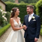 Couple élégant en tenue de mariage riant dans un jardin fleuri avec des murs en pierre ancienne